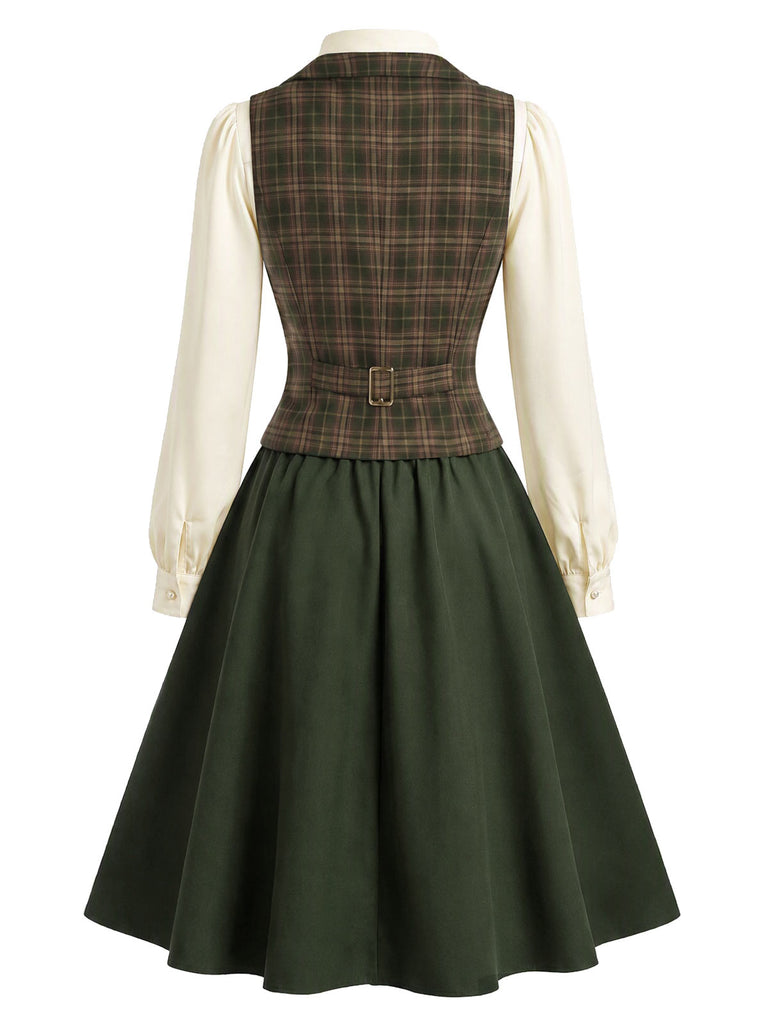 [Pre-Sale] 3PCS 1940s Bow Tie Blouse & Plaid Vest & A Line Skirt