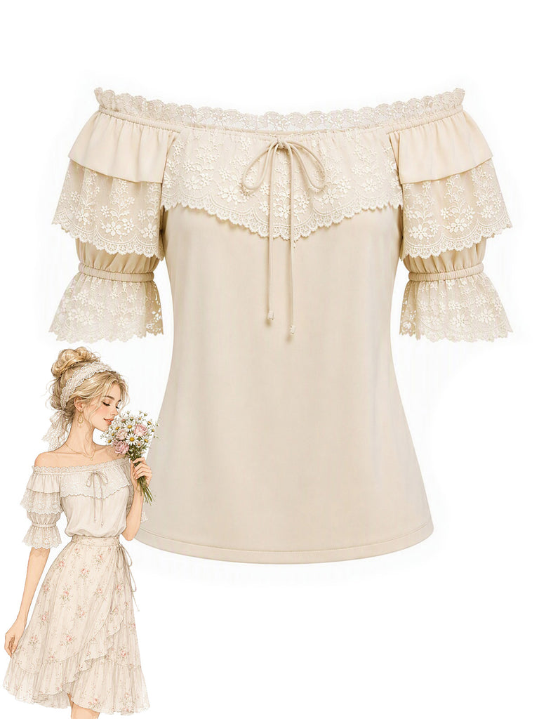 [Pre-Sale] Beige 1970s Lace Ruffle Blouse