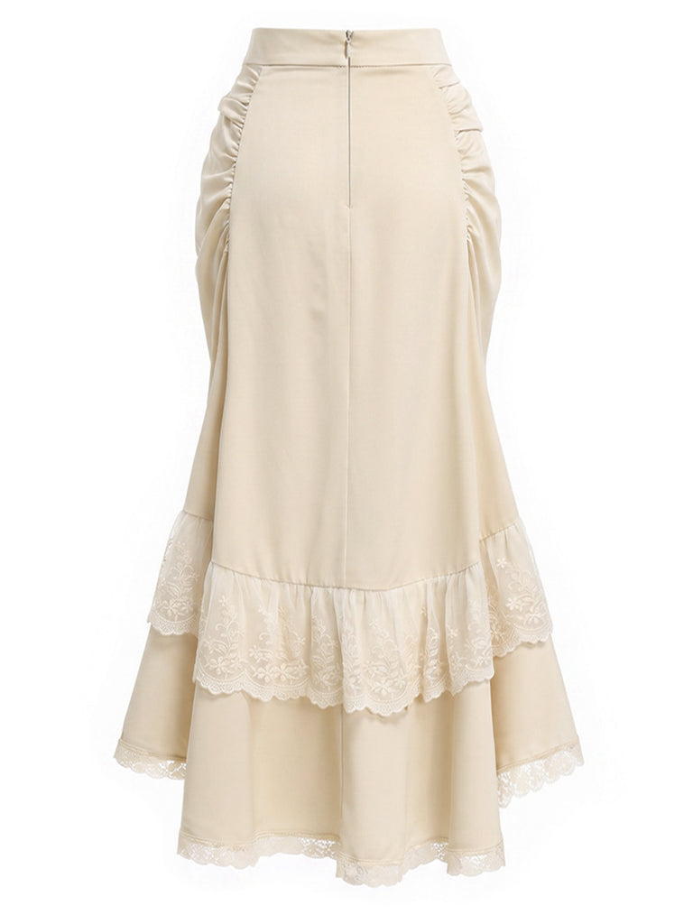 [Pre-Sale] 2PCS Beige 1970s Off‑Shoulder Lace Ruffle Top & Asymmetric Skirt