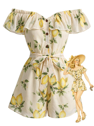 Yellow 1980s Off-Shoulder Ruffle Lemon Romper