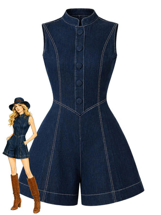[Pre-Sale] Blue 1980s Stand Collar Sleeveless Button Front Denim Romper