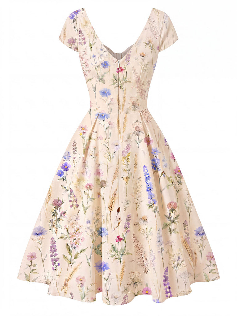 [Pre-Sale] Cream Color 1950s Floral Bow Dress 2