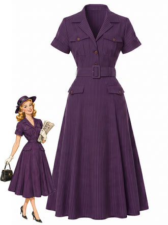 [Pre-Sale] Deep Purple 1940s Floral V Neck Striped Dress