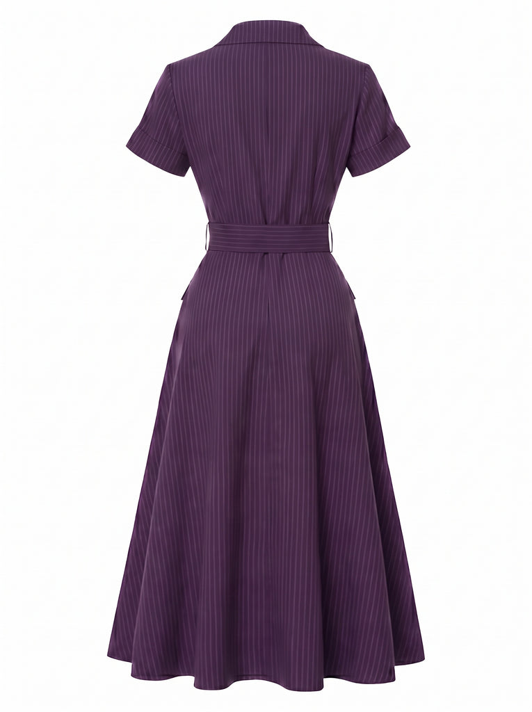 [Pre-Sale] Deep Purple 1940s Floral V Neck Striped Dress 3