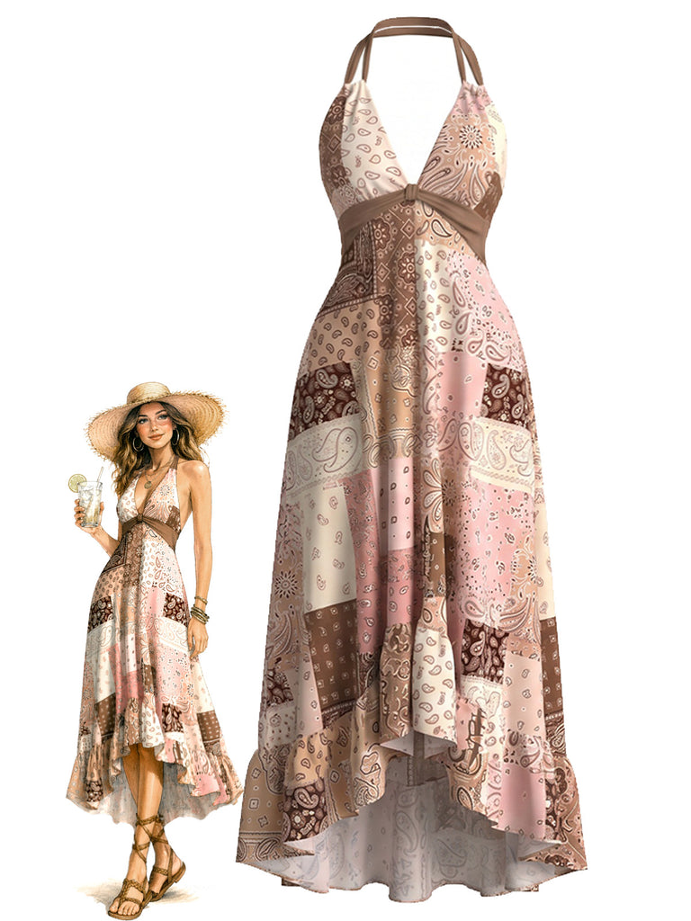 [Pre-Sale] Multicolor 1950s Boho Halter Floral Patchwork Dress