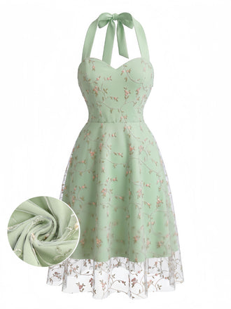 1950s Floral Embroidered Halter Mesh A-line Dress