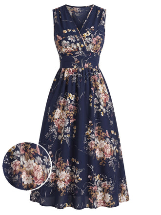 Plus Size Deep Blue 1950s Floral V Neck Dress