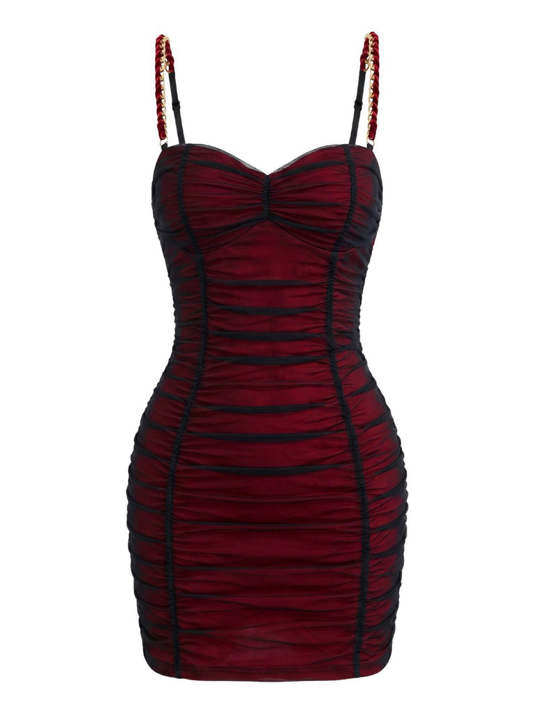 Red 1960s Ruched Mesh Bodycon Mini Dress