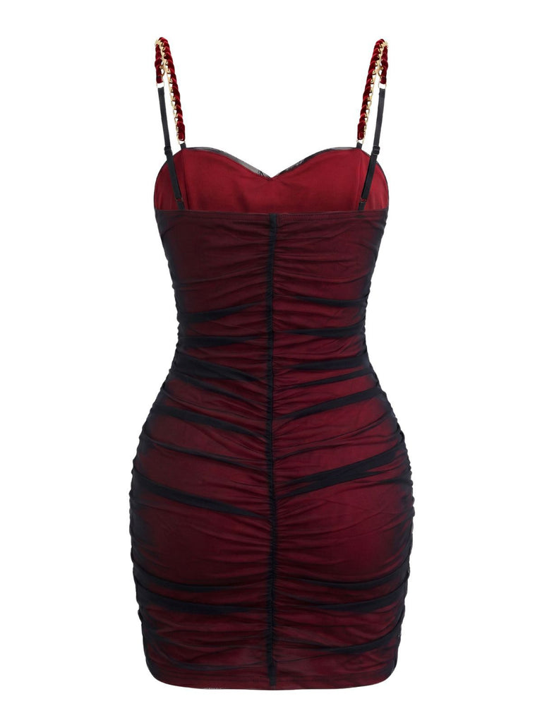 Red 1960s Ruched Mesh Bodycon Mini Dress