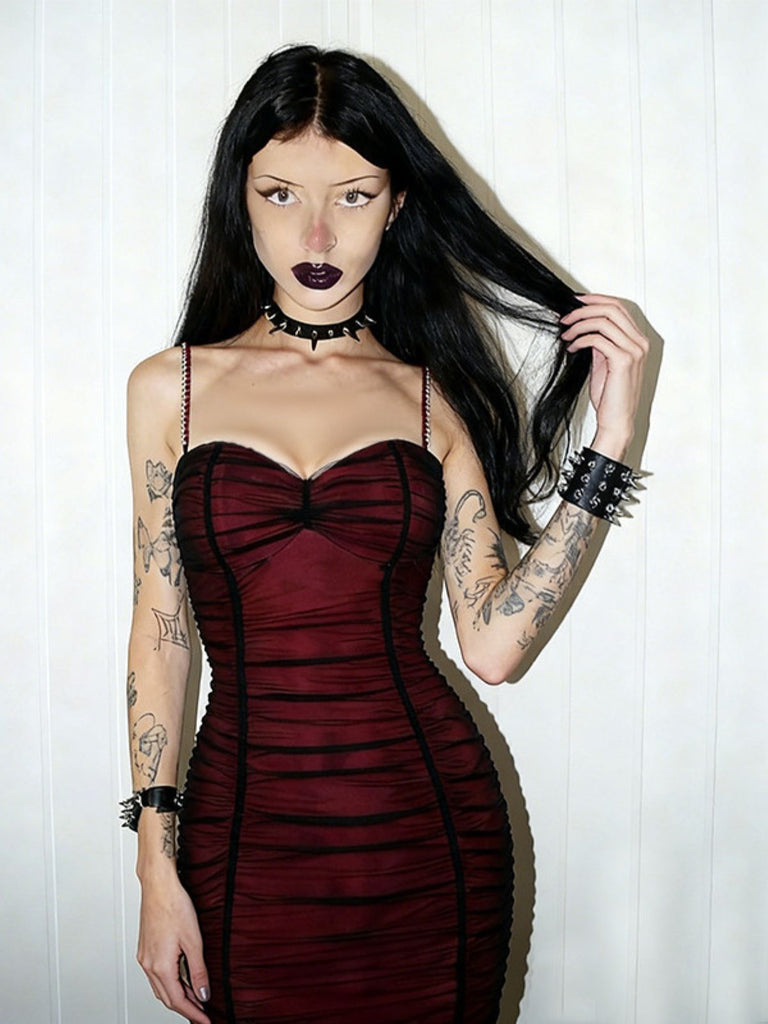 Red 1960s Ruched Mesh Bodycon Mini Dress