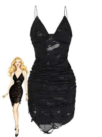 Black 1960s Halloween Distressed Hollow Out Cami Dress