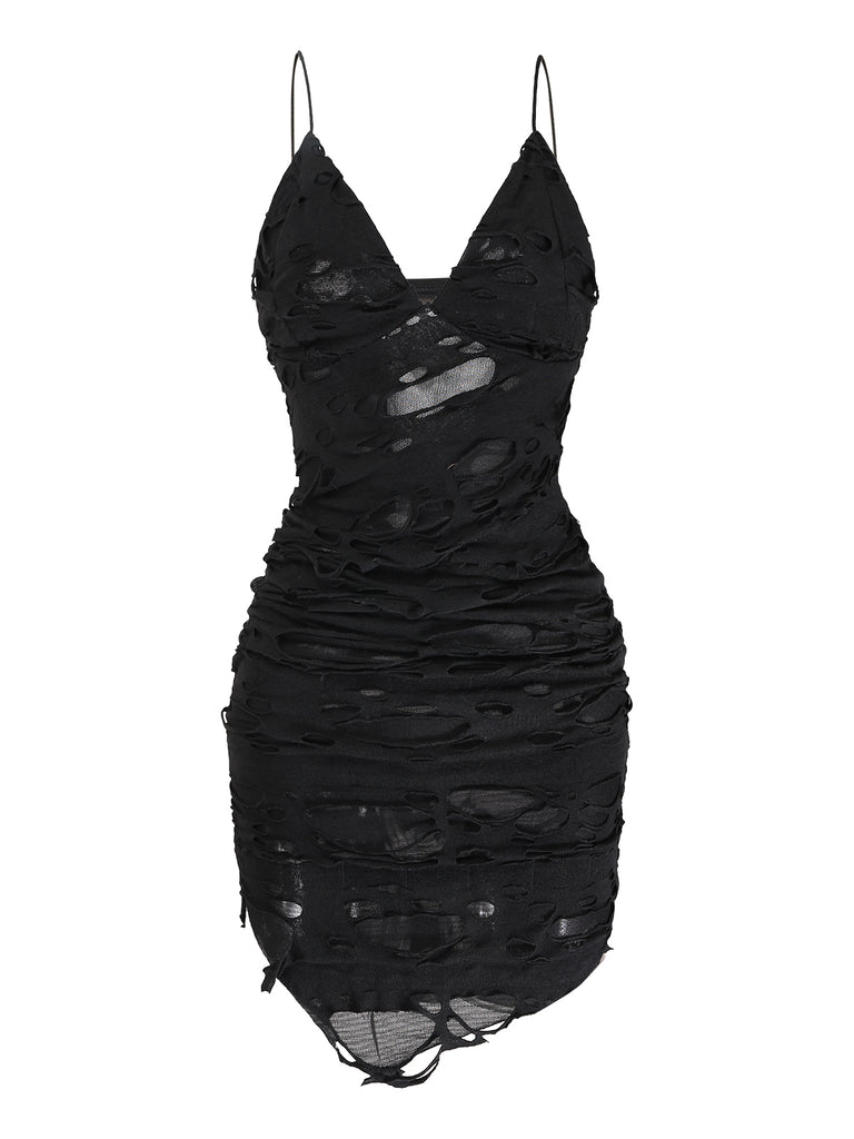 Black 1960s Halloween Distressed Hollow Out Cami Dress