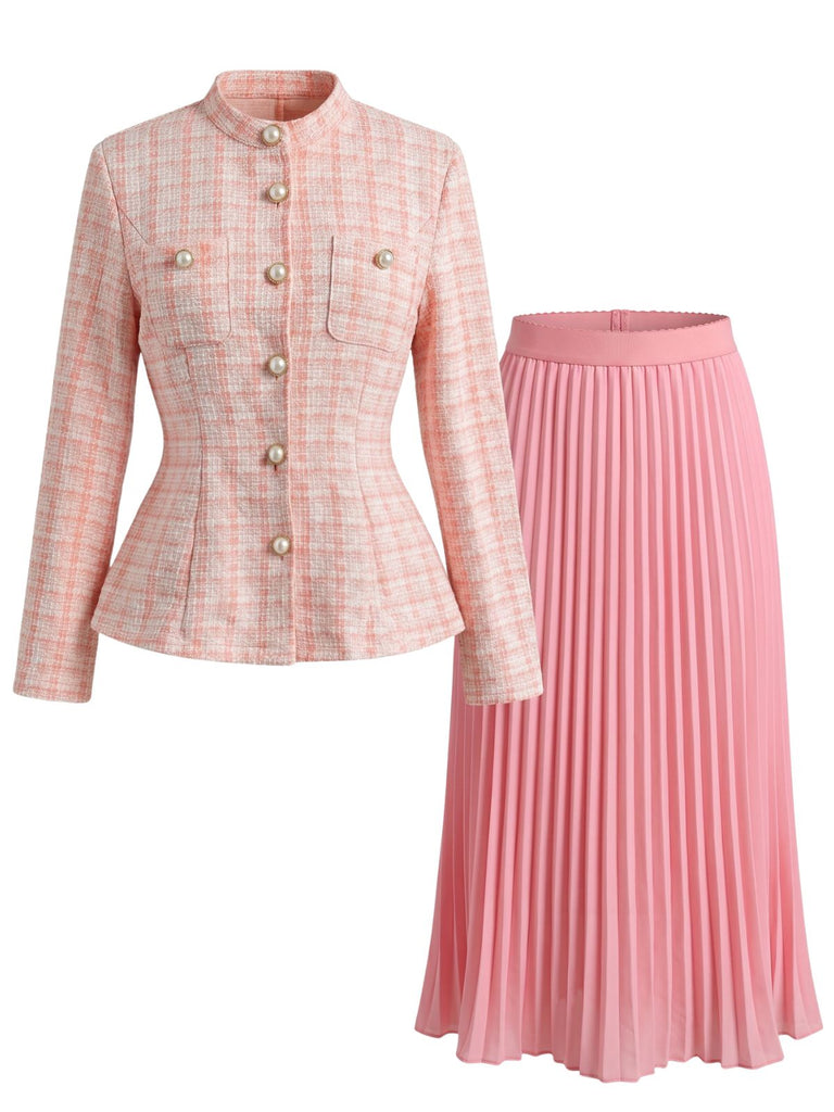 2PCS 1960s Stand Collar Pearl Button Tweed Jacket & Pleated Skirt