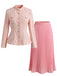 2PCS 1960s Stand Collar Pearl Button Tweed Jacket & Pleated Skirt