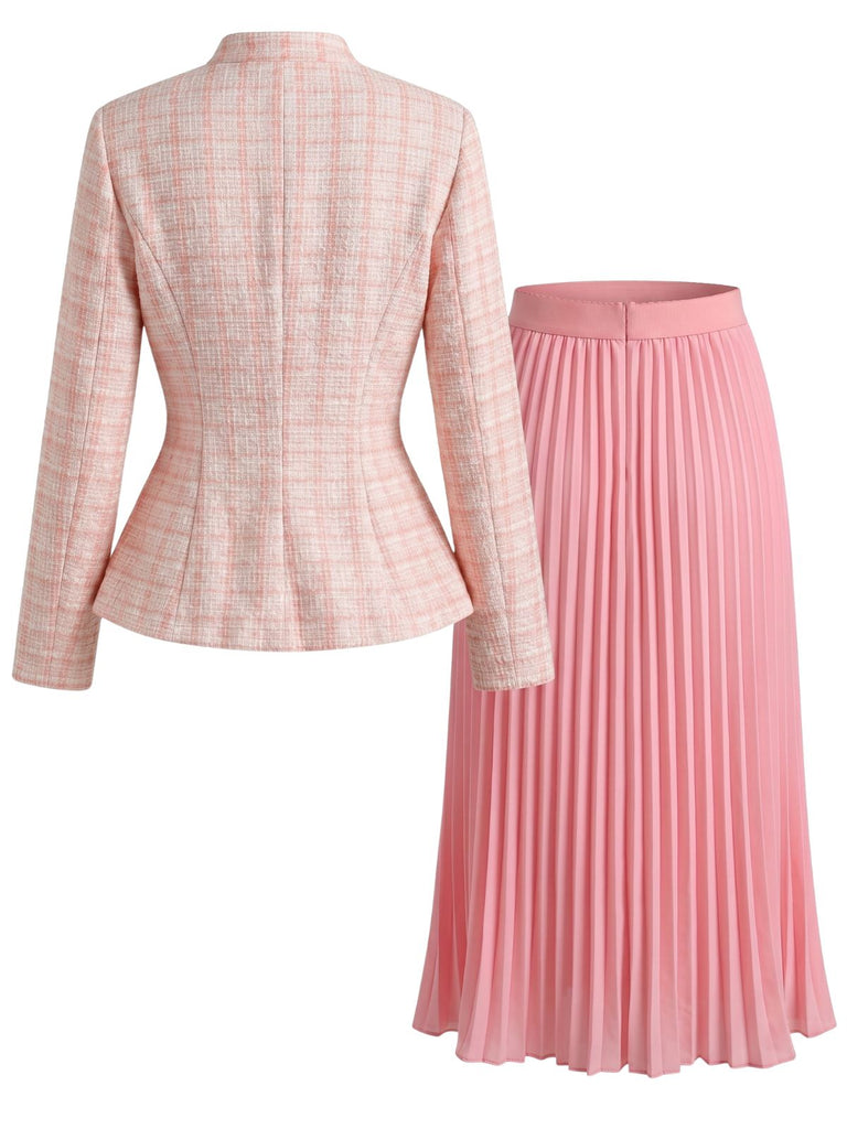 2PCS 1960s Stand Collar Pearl Button Tweed Jacket & Pleated Skirt