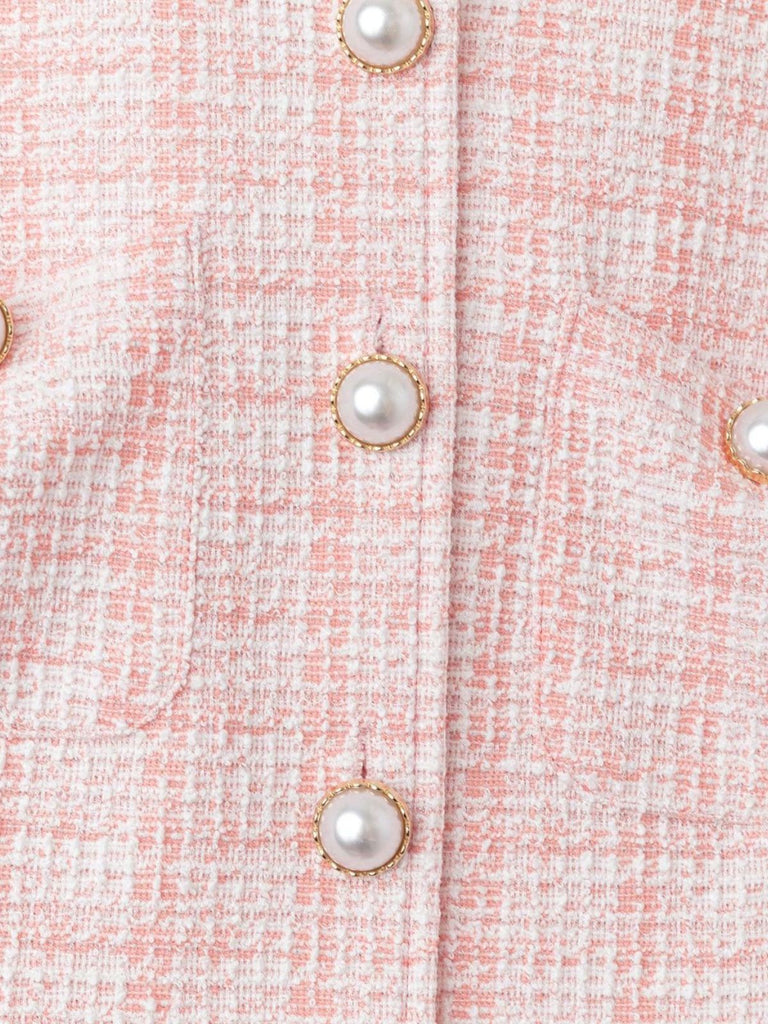 2PCS 1960s Stand Collar Pearl Button Tweed Jacket & Pleated Skirt