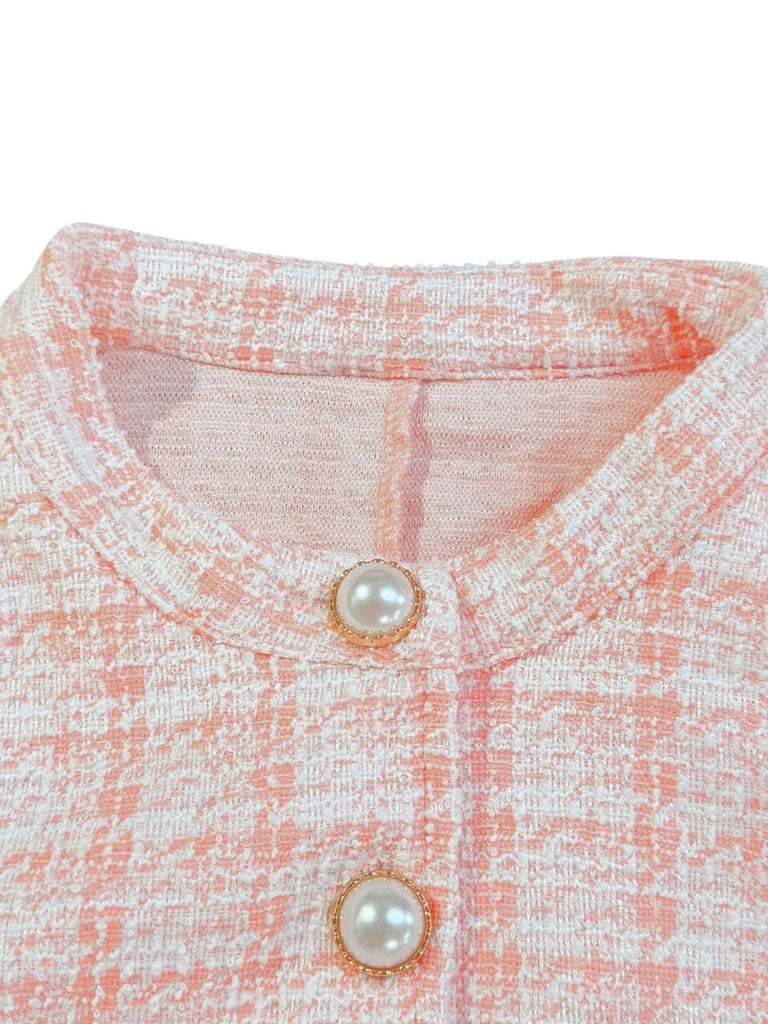 2PCS 1960s Stand Collar Pearl Button Tweed Jacket & Pleated Skirt