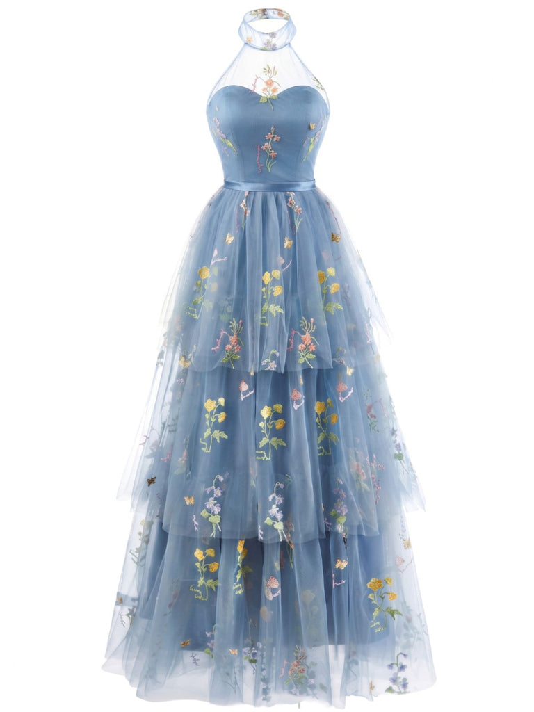 1930s Halter Floral Embroidered Tiered Mesh Satin Maxi Dress