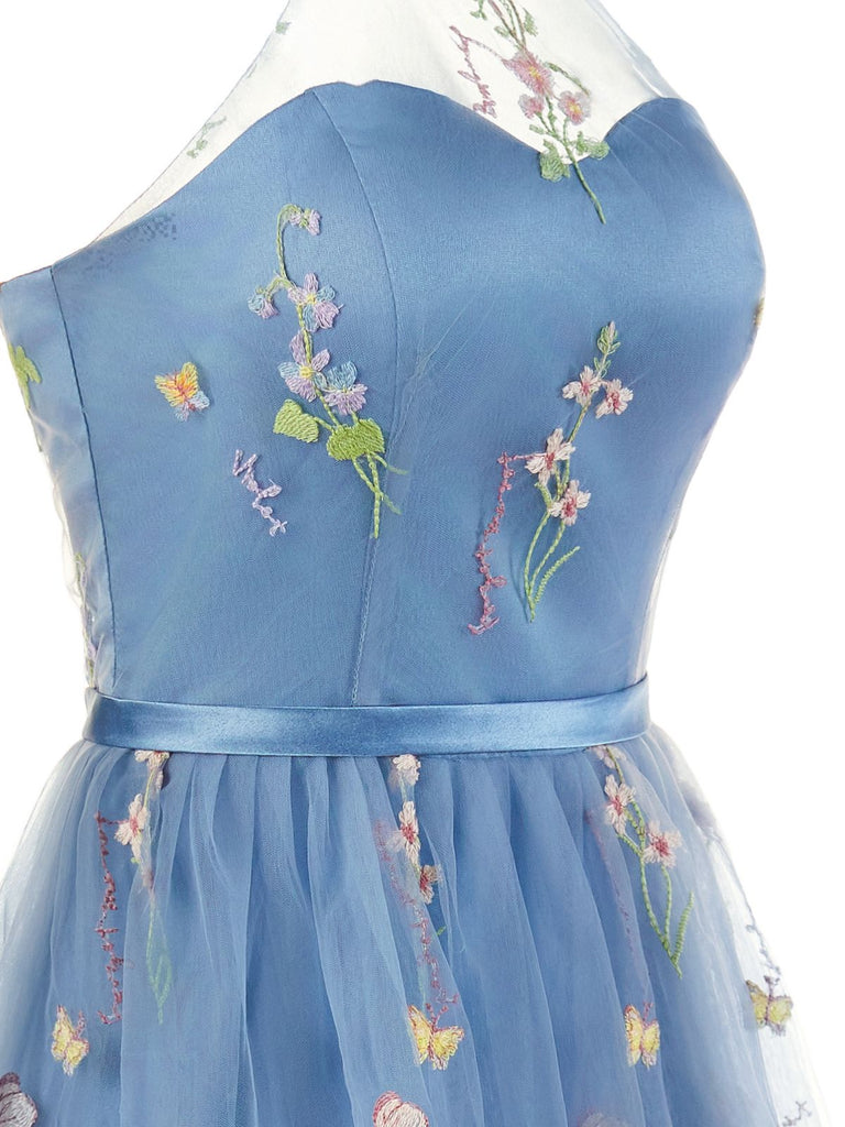 1930s Halter Floral Embroidered Tiered Mesh Satin Maxi Dress