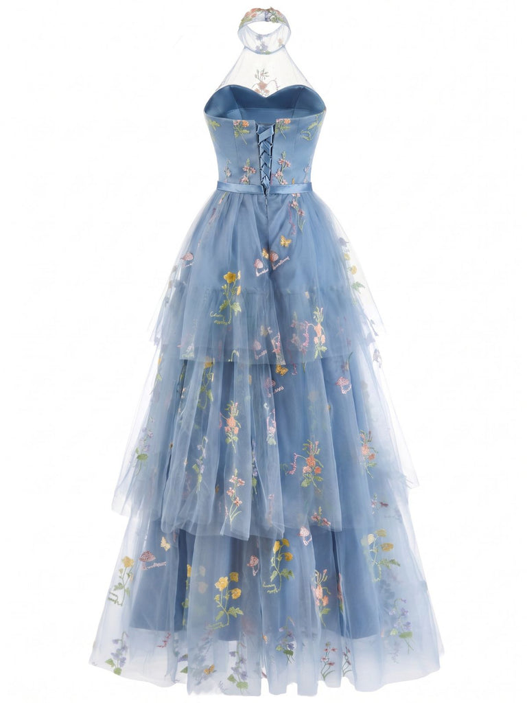 1930s Halter Floral Embroidered Tiered Mesh Satin Maxi Dress