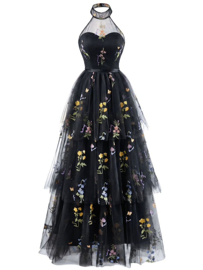 1930s Halter Floral Embroidered Tiered Mesh Satin Maxi Dress