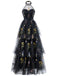 1930s Halter Floral Embroidered Tiered Mesh Satin Maxi Dress