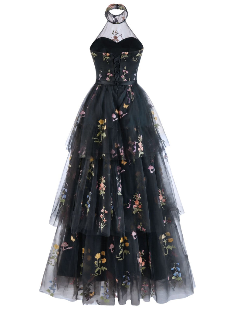 1930s Halter Floral Embroidered Tiered Mesh Satin Maxi Dress