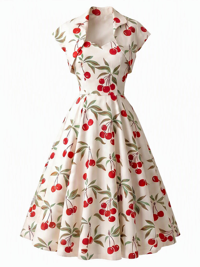 [Pre-Sale] White 1950s Cherry Cap Sleeve Sweetheart Neck Swing Dress