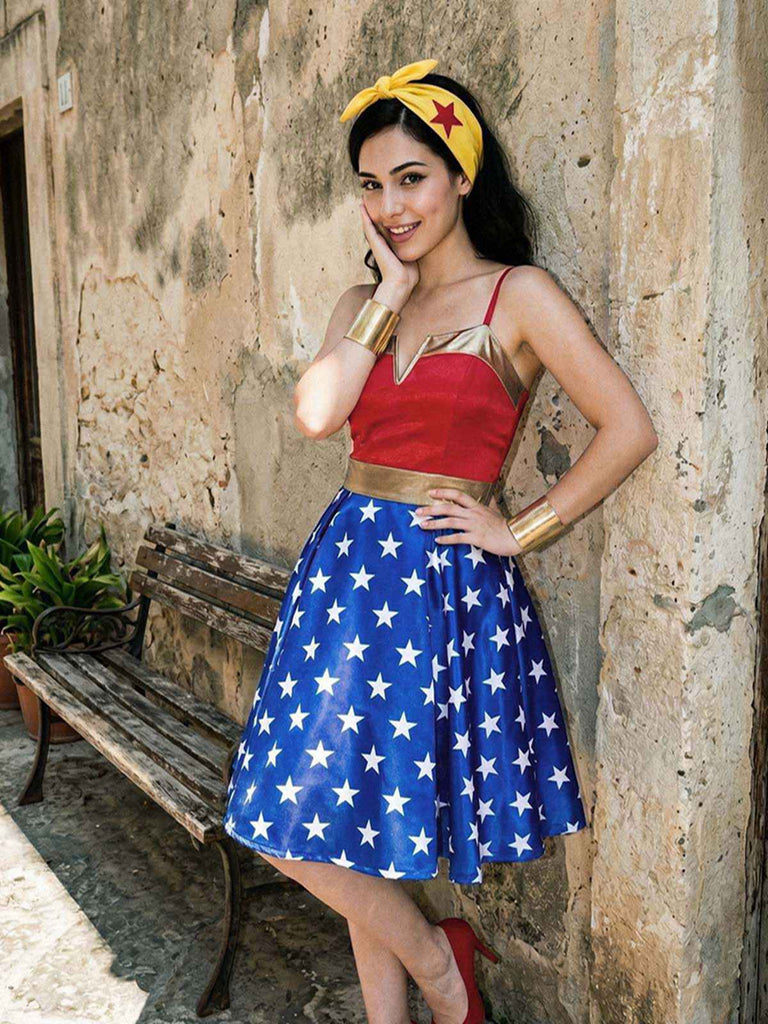 [Pre-Sale] 1950s Wonder Woman Star Print Swing Party Dress