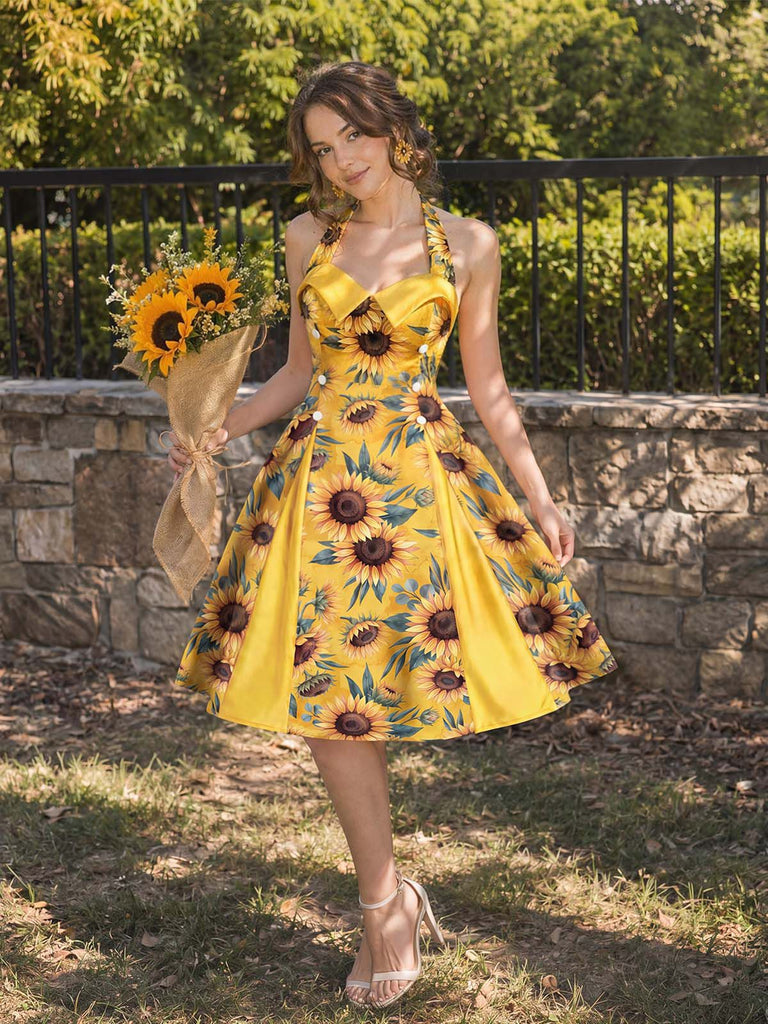 [Pre-Sale] Yellow 1950s Sunflower Halter Box-Pleat Dress