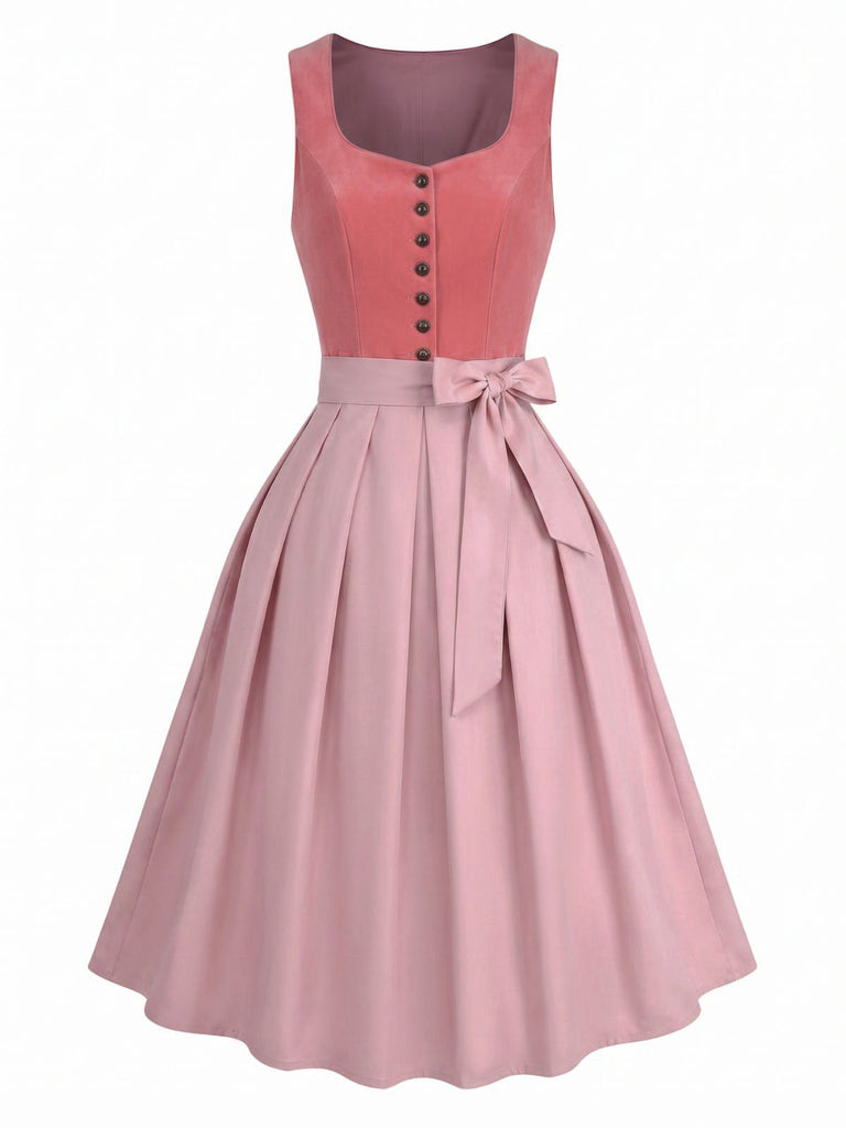 Pink 1950s Velvet Sweetheart Neck Button Front Dress & Apron