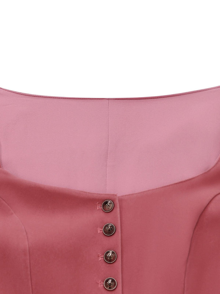 Pink 1950s Velvet Sweetheart Neck Button Front Dress & Apron