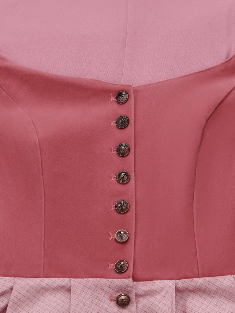 Pink 1950s Velvet Sweetheart Neck Button Front Dress & Apron