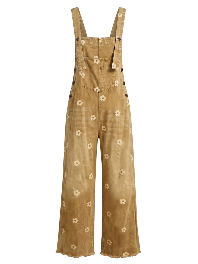 1940s Floral Denim Patchwork Wide-Leg Overalls Jumpsuit