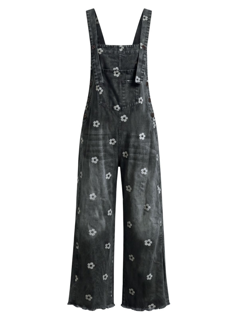 1940s Floral Denim Patchwork Wide-Leg Overalls Jumpsuit