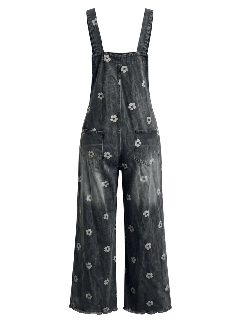 1940s Floral Denim Patchwork Wide-Leg Overalls Jumpsuit