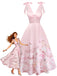 Pink 1940s Floral V Neck Bow Dress