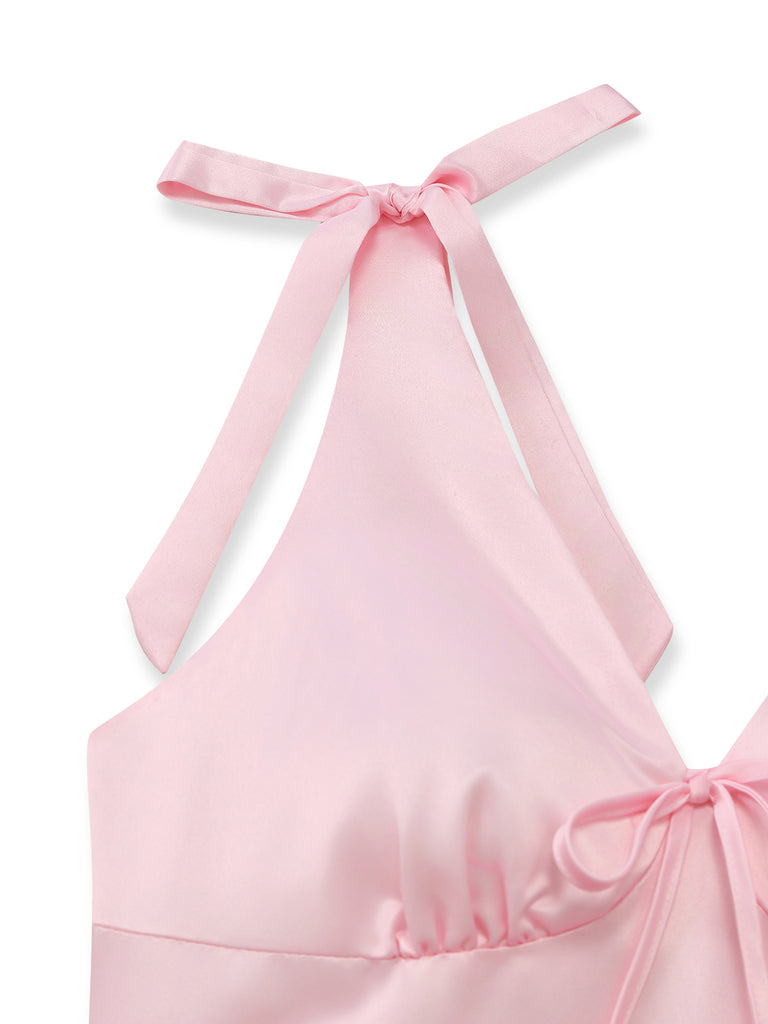 Pink 1940s Floral V Neck Bow Dress 2