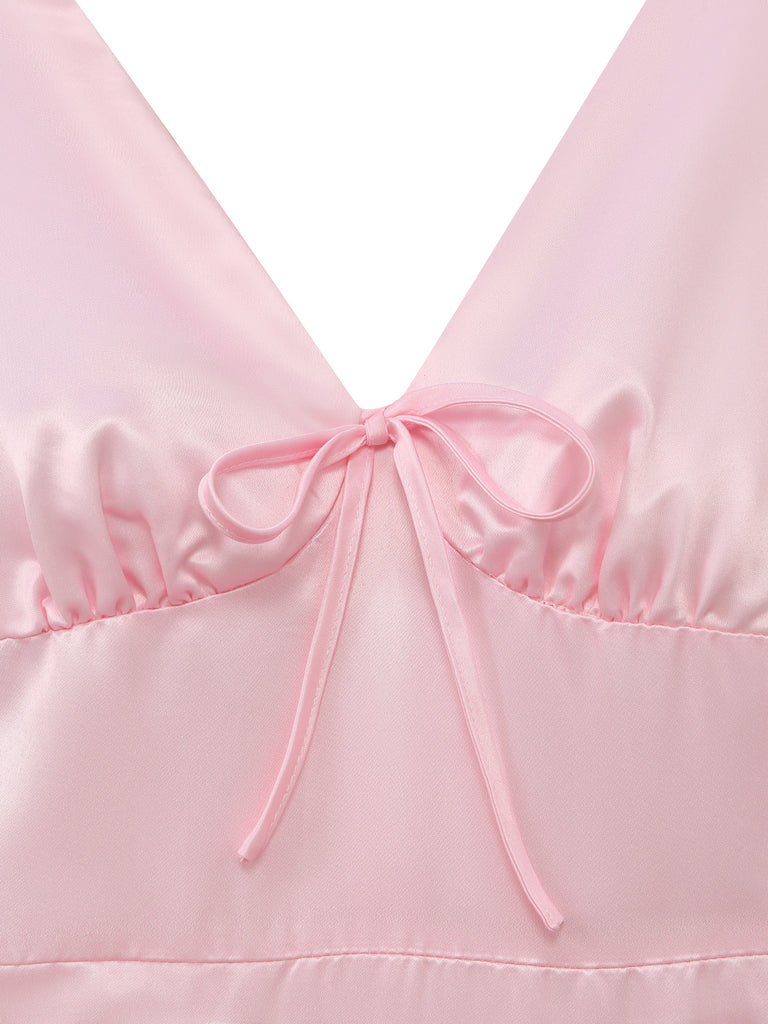 Pink 1940s Floral V Neck Bow Dress 3