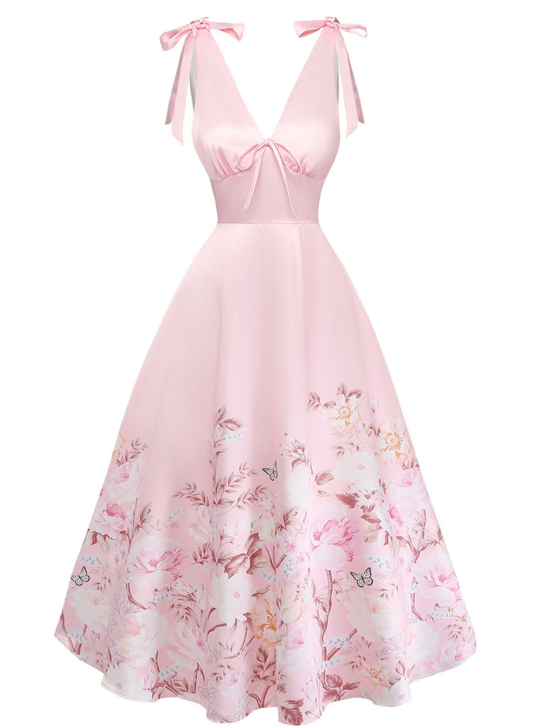 Pink 1940s Floral V Neck Bow Dress 6