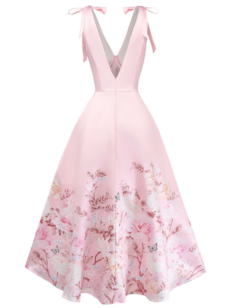 Pink 1940s Floral V Neck Bow Dress 7