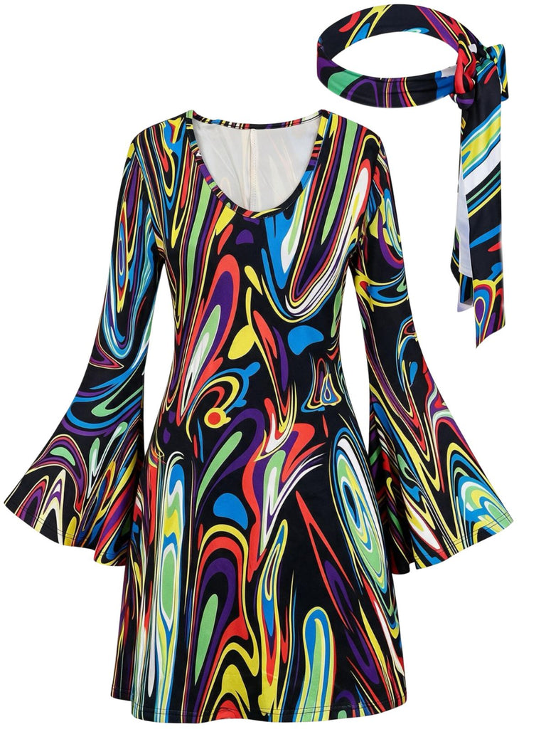 1970s Psychedelic Print Bell Sleeve Mini Dress with Headband