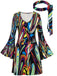 1970s Psychedelic Print Bell Sleeve Mini Dress with Headband