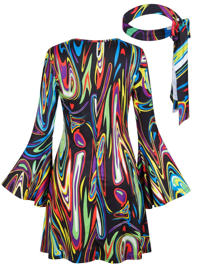 1970s Psychedelic Print Bell Sleeve Mini Dress with Headband