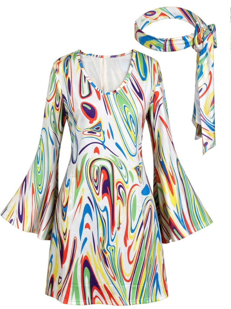 1970s Psychedelic Print Bell Sleeve Mini Dress with Headband