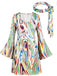 1970s Psychedelic Print Bell Sleeve Mini Dress with Headband