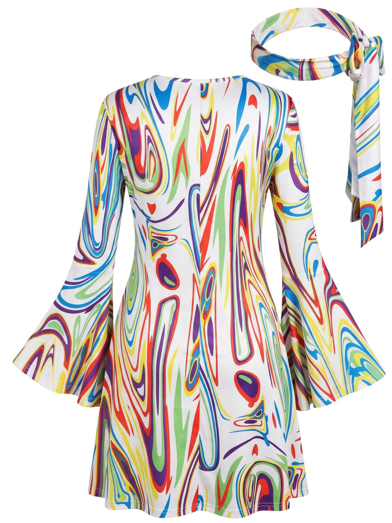 1970s Psychedelic Print Bell Sleeve Mini Dress with Headband