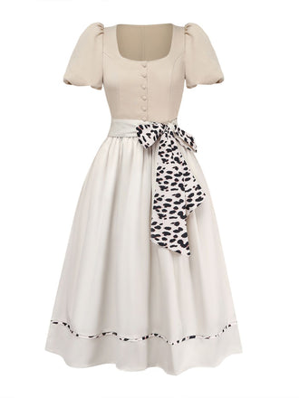 2PCS Beige 1950s Puff Sleeve Square Neck Dress & Apron
