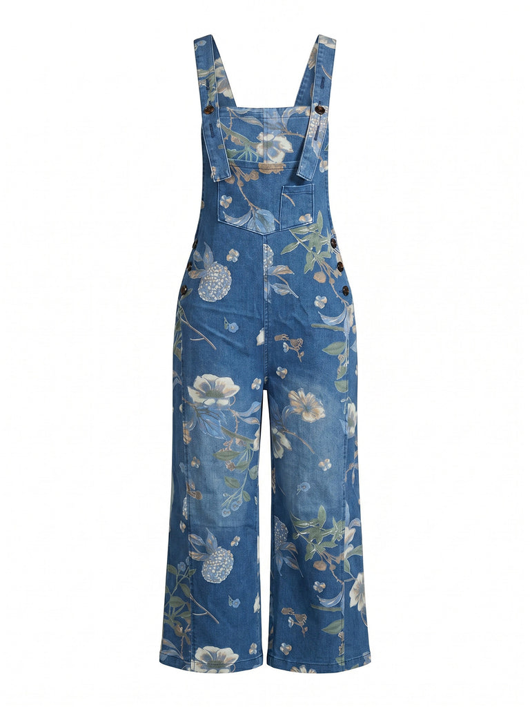 Deep Blue 1950s Floral Denim Classic Jumpsuit