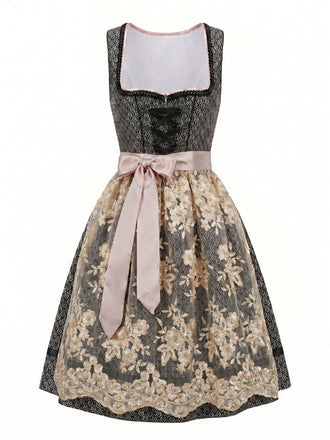 Black 1950s Square Neck Dress & Floral Lace Apron